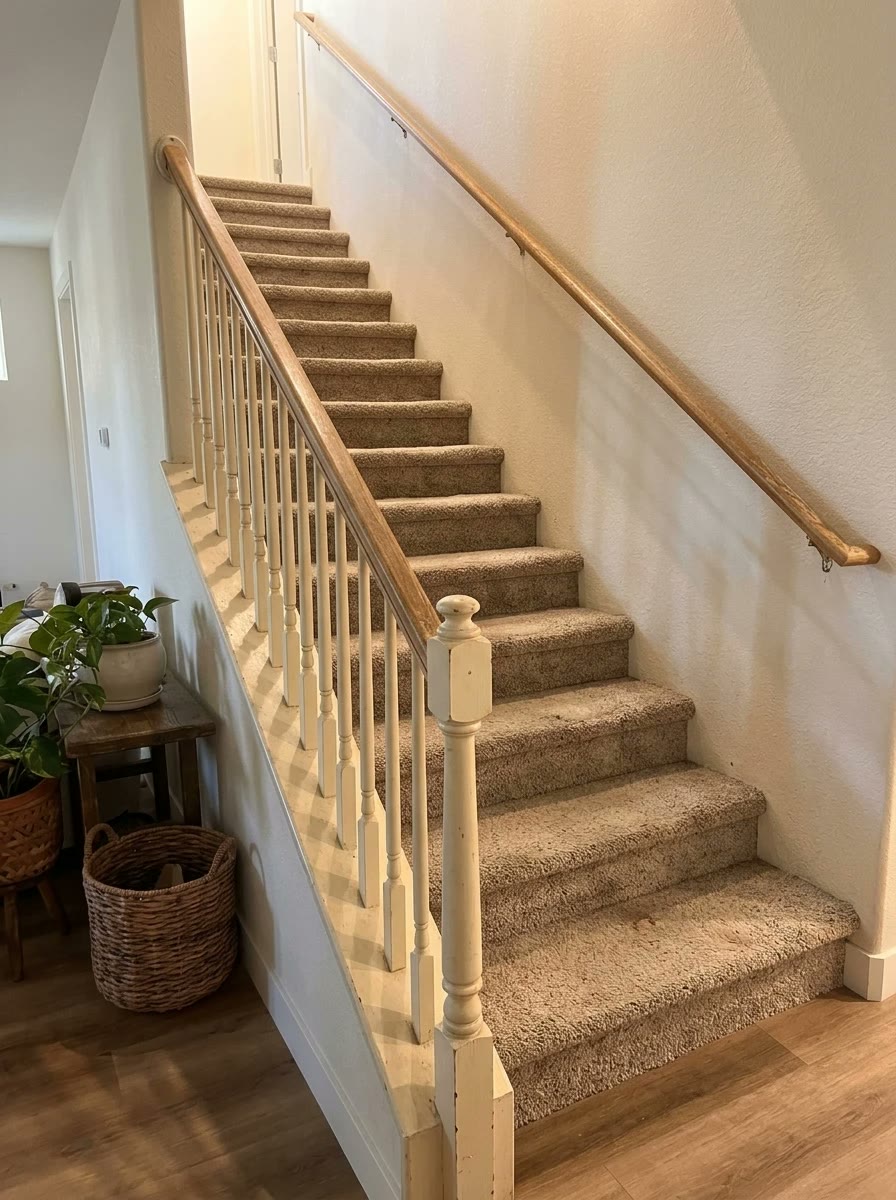 Staircase, carpet to wood, before